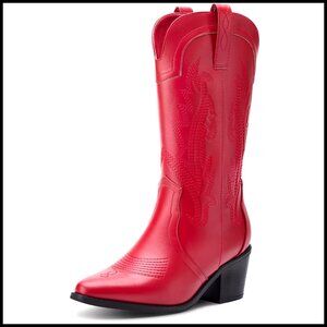 Women's Embroidered Cowboy Boots Pointed Toe Chunky Heel Mid-Calf Western